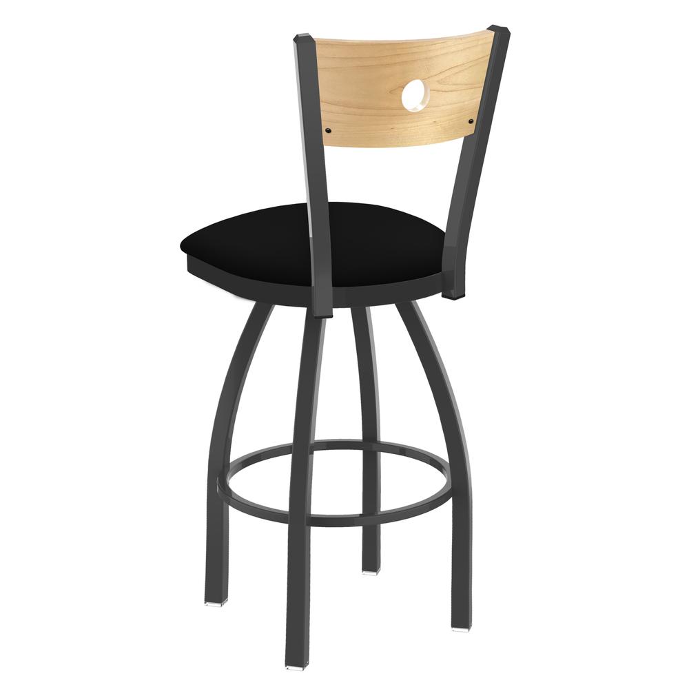 830 Voltaire 25" Swivel Counter Stool with Pewter Finish, Natural Back, and Black Vinyl Seat. Picture 2