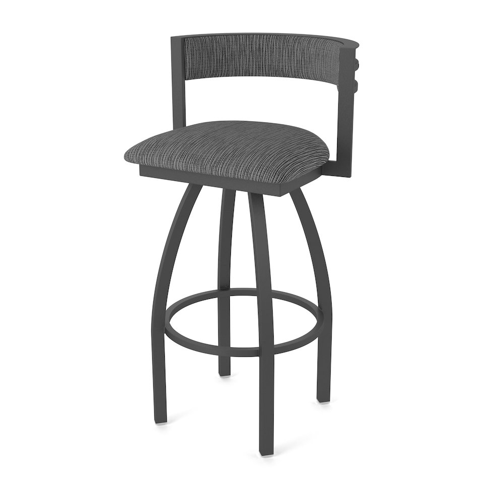 Swivel Counter Stool with Pewter Finish and Graph Coal Seat and Back. Picture 1