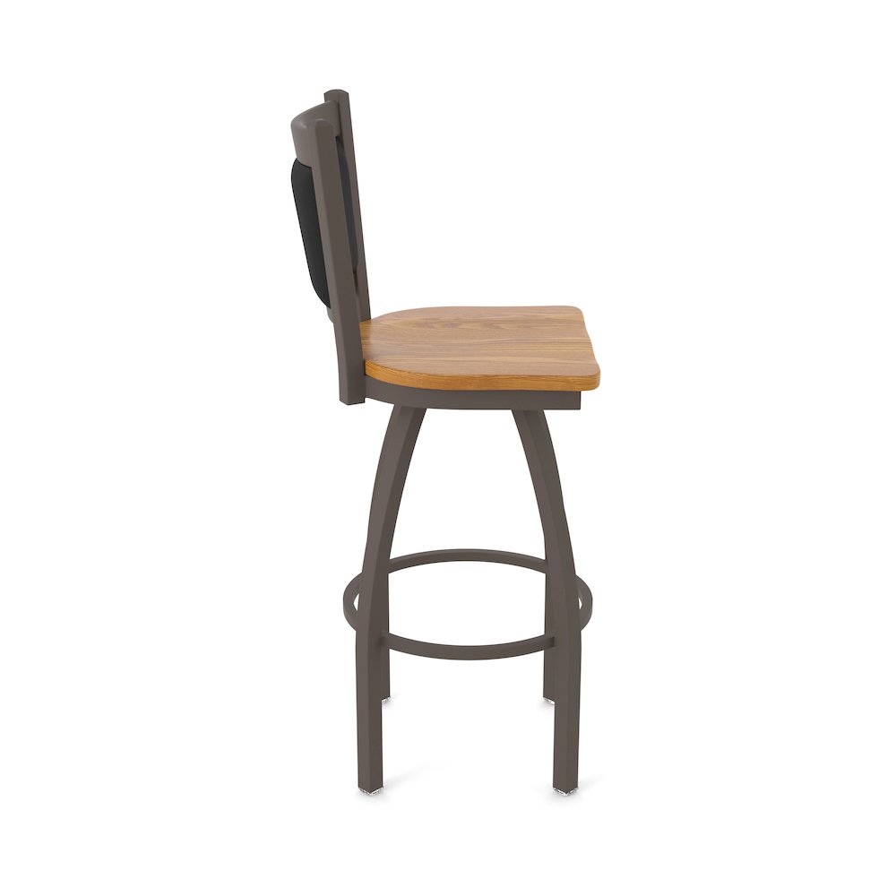 Swivel Counter Stool with Bronze Finish and Medium Oak Seat and Black Vinyl Back. Picture 4