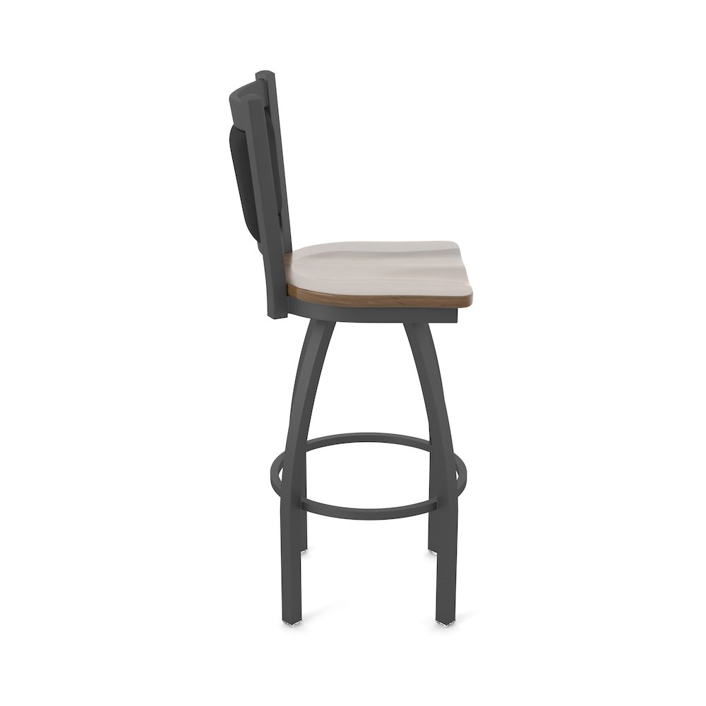 Swivel Counter Stool with Pewter Finish and Dark Maple Seat and Black Vinyl Back. Picture 4