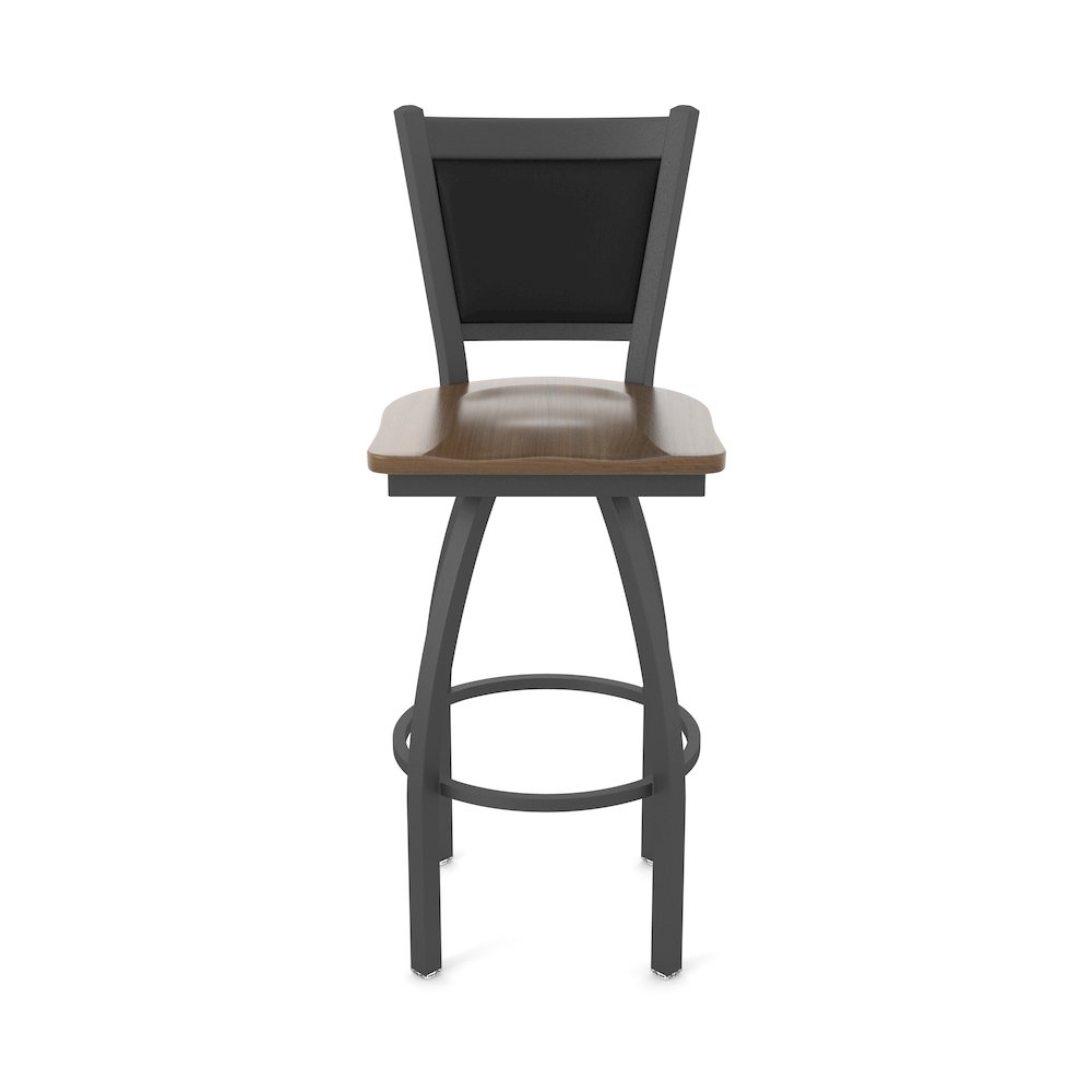 Swivel Counter Stool with Pewter Finish and Dark Maple Seat and Black Vinyl Back. Picture 5