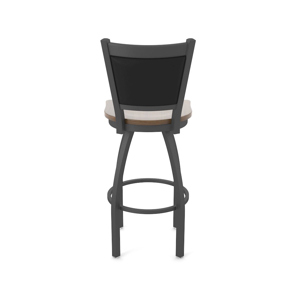 Swivel Counter Stool with Pewter Finish and Dark Maple Seat and Black Vinyl Back. Picture 6