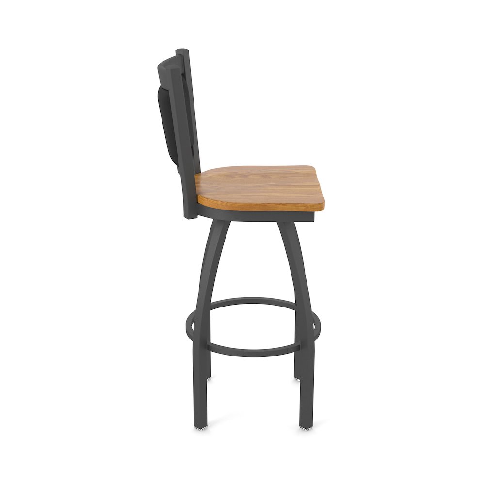 Swivel Counter Stool with Pewter Finish and Medium Oak Seat and Black Vinyl Back. Picture 4