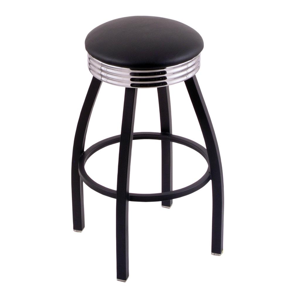 C8B3C Classic Series 25" Counter Stool with Black Wrinkle Finish, Ribbed Chrome Accent Ring, Black Vinyl Seat, and 360 swivel. Picture 1