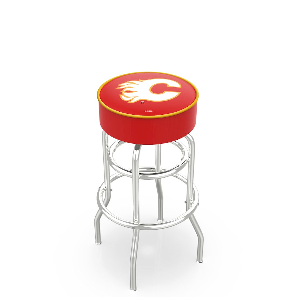 25" L7C1 - 4" Calgary Flames Cushion Seat with Double-Ring Chrome Base Swivel Bar Stool by Holland Bar Stool Company. Picture 1