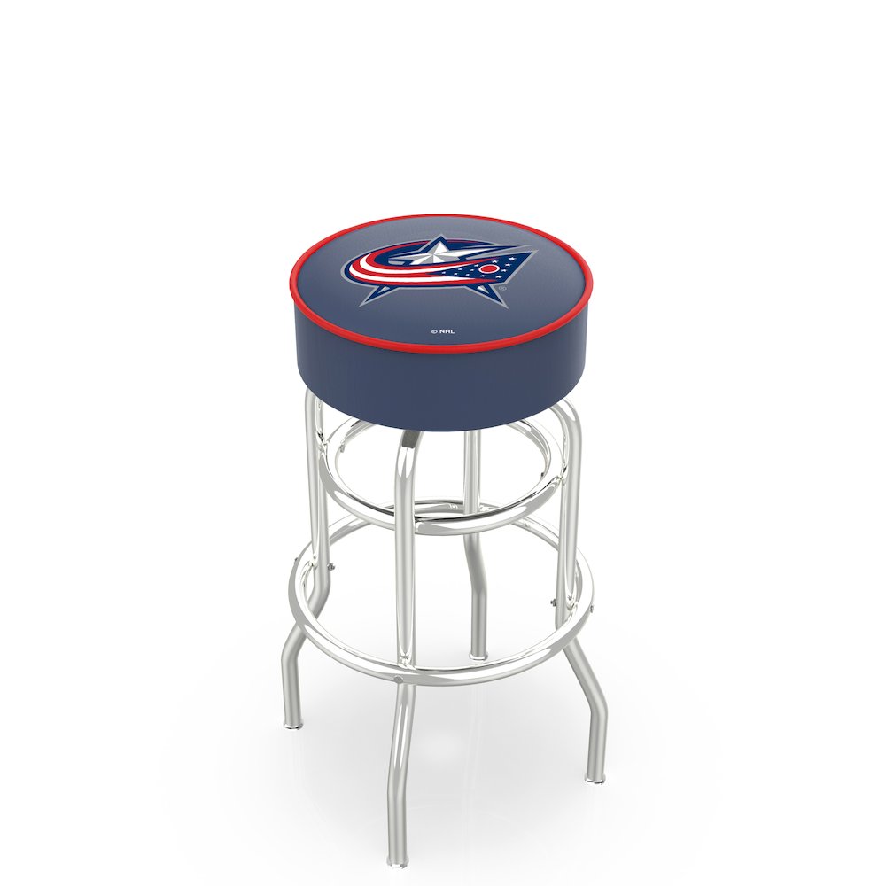 25" L7C1 - 4" Columbus Blue Jackets Cushion Seat with Double-Ring Chrome Base Swivel Bar Stool by Holland Bar Stool Company. Picture 1