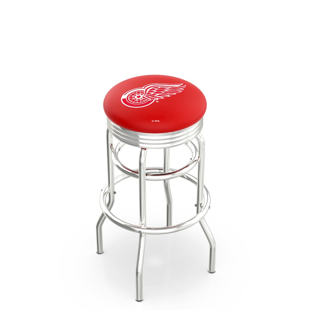25" L7C3C - Chrome Double Ring Detroit Red Wings Swivel Bar Stool with 2.5" Ribbed Accent Ring by Holland Bar Stool Company. Picture 1