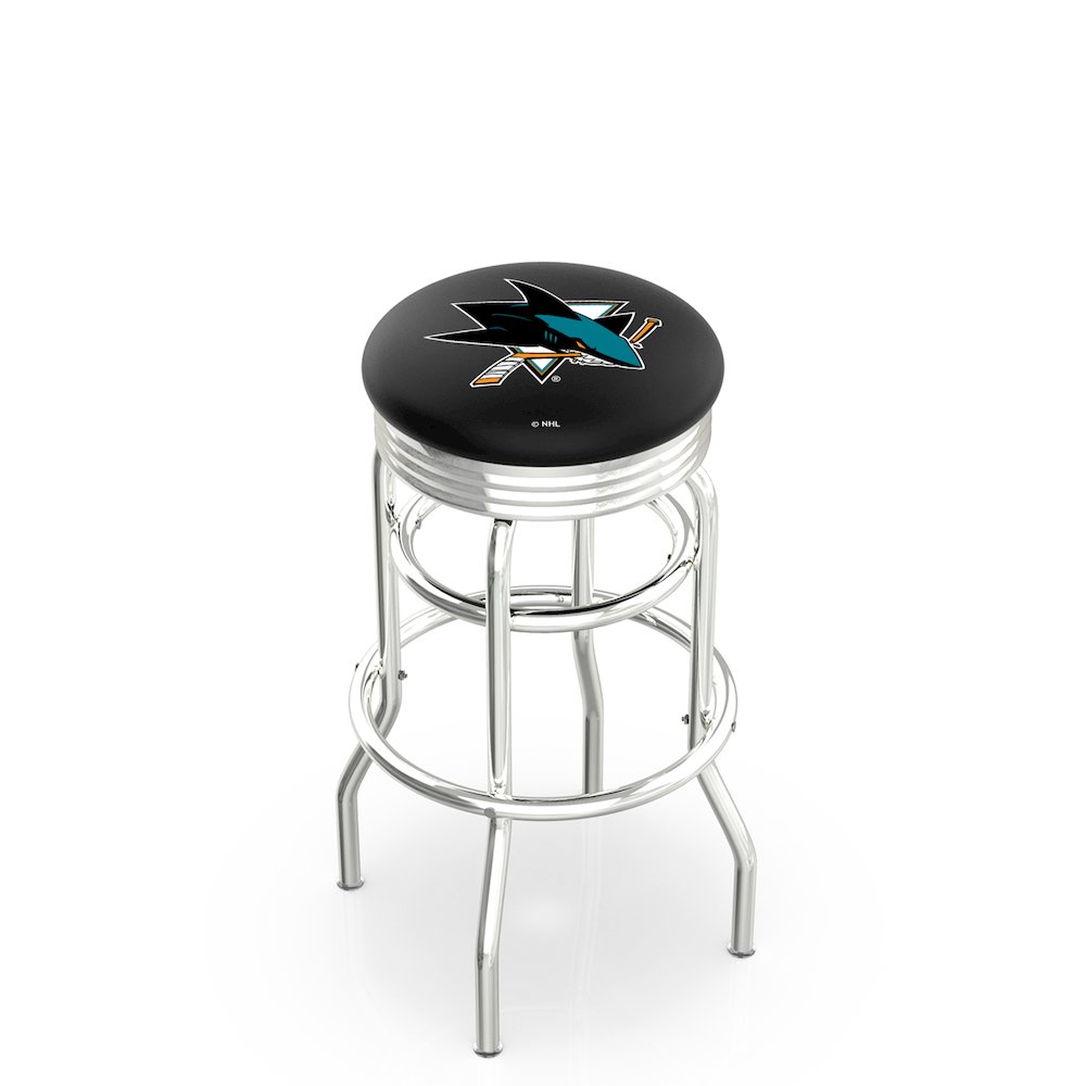 25" L7C3C - Chrome Double Ring San Jose Sharks Swivel Bar Stool with 2.5" Ribbed Accent Ring by Holland Bar Stool Company. Picture 1