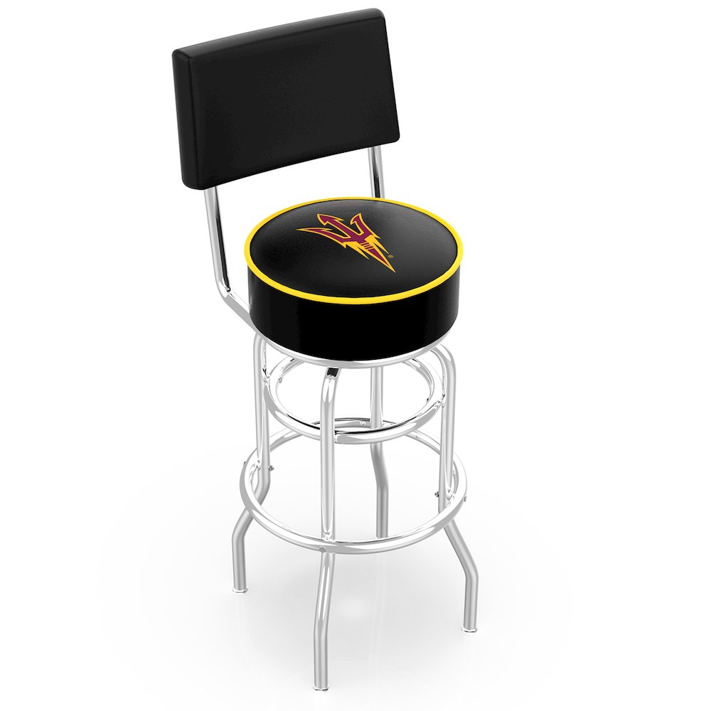 25" L7C4 - Chrome Double Ring Arizona State Swivel Bar Stool with a Back and Pitchfork Logo by Holland Bar Stool Company. Picture 1