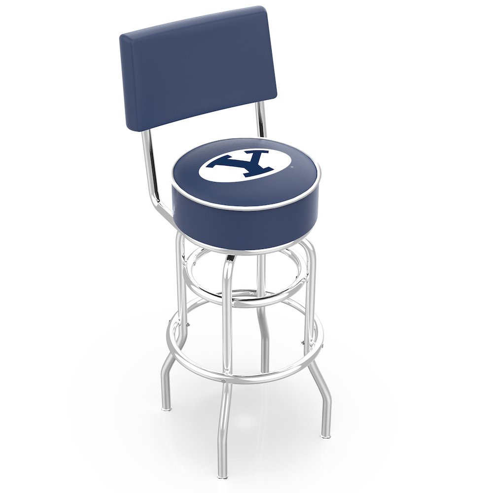 25" L7C4 - Chrome Double Ring Brigham Young Swivel Bar Stool with a Back by Holland Bar Stool Company. Picture 1