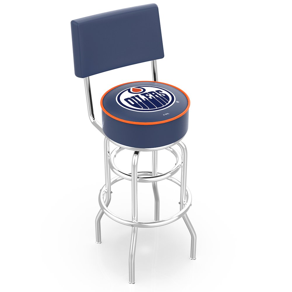 25" L7C4 - Chrome Double Ring Edmonton Oilers Swivel Bar Stool with a Back by Holland Bar Stool Company. Picture 1