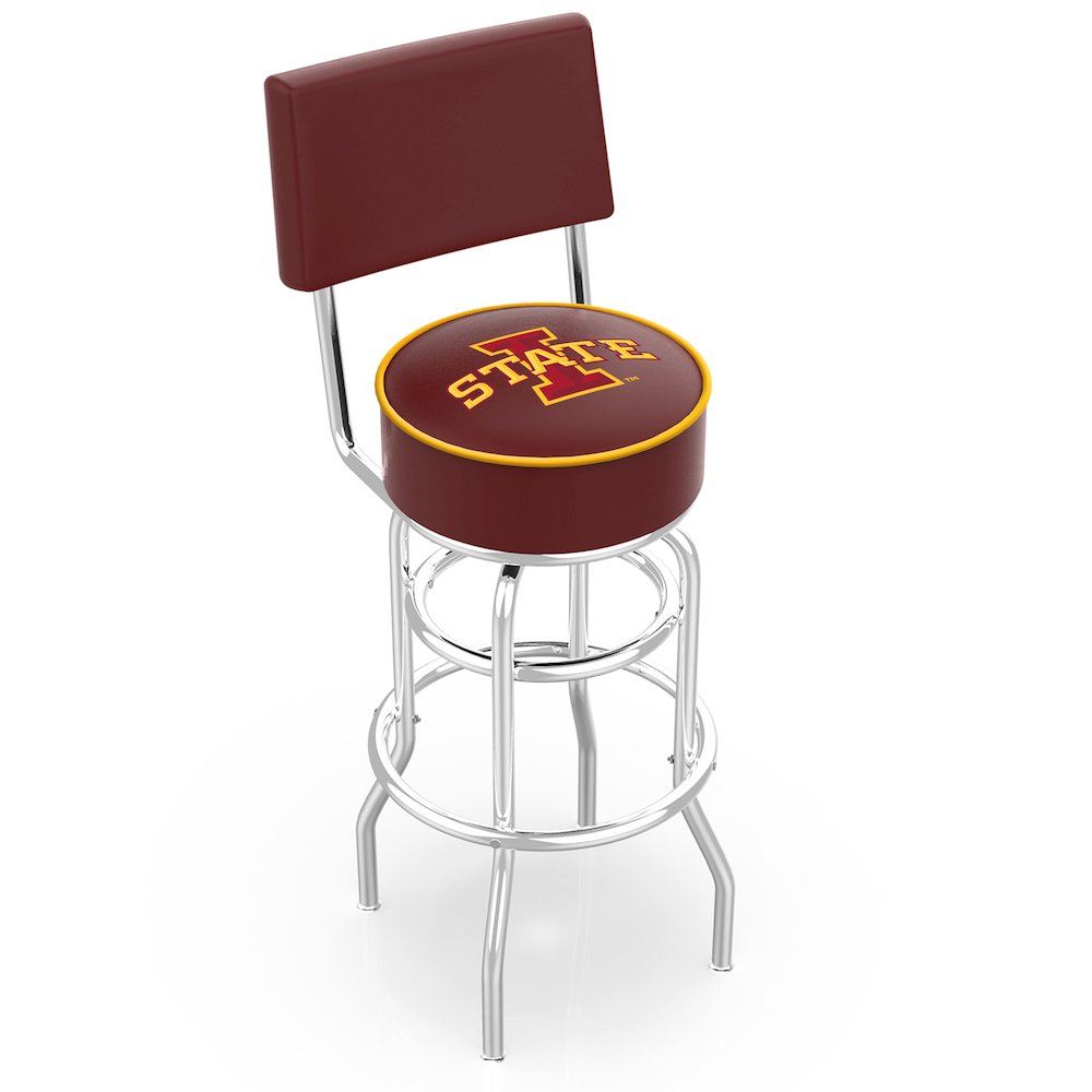 25" L7C4 - Chrome Double Ring Iowa State Swivel Bar Stool with a Back by Holland Bar Stool Company. Picture 1