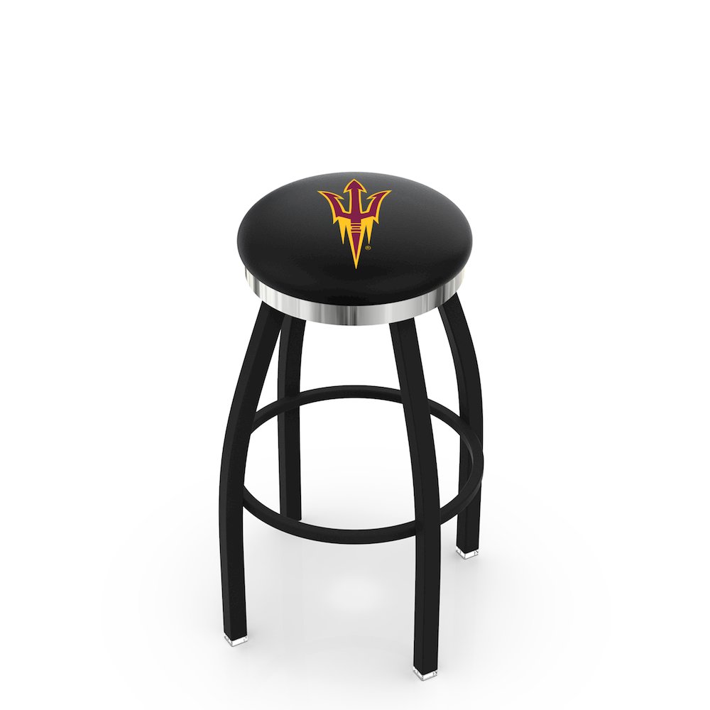 36" L8B2C - Black Wrinkle Arizona State Swivel Bar Stool with Chrome Accent Ring and Pitchfork Logo by Holland Bar Stool Company. Picture 1