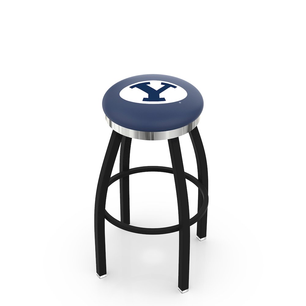 36" L8B2C - Black Wrinkle Brigham Young Swivel Bar Stool with Chrome Accent Ring by Holland Bar Stool Company. Picture 1