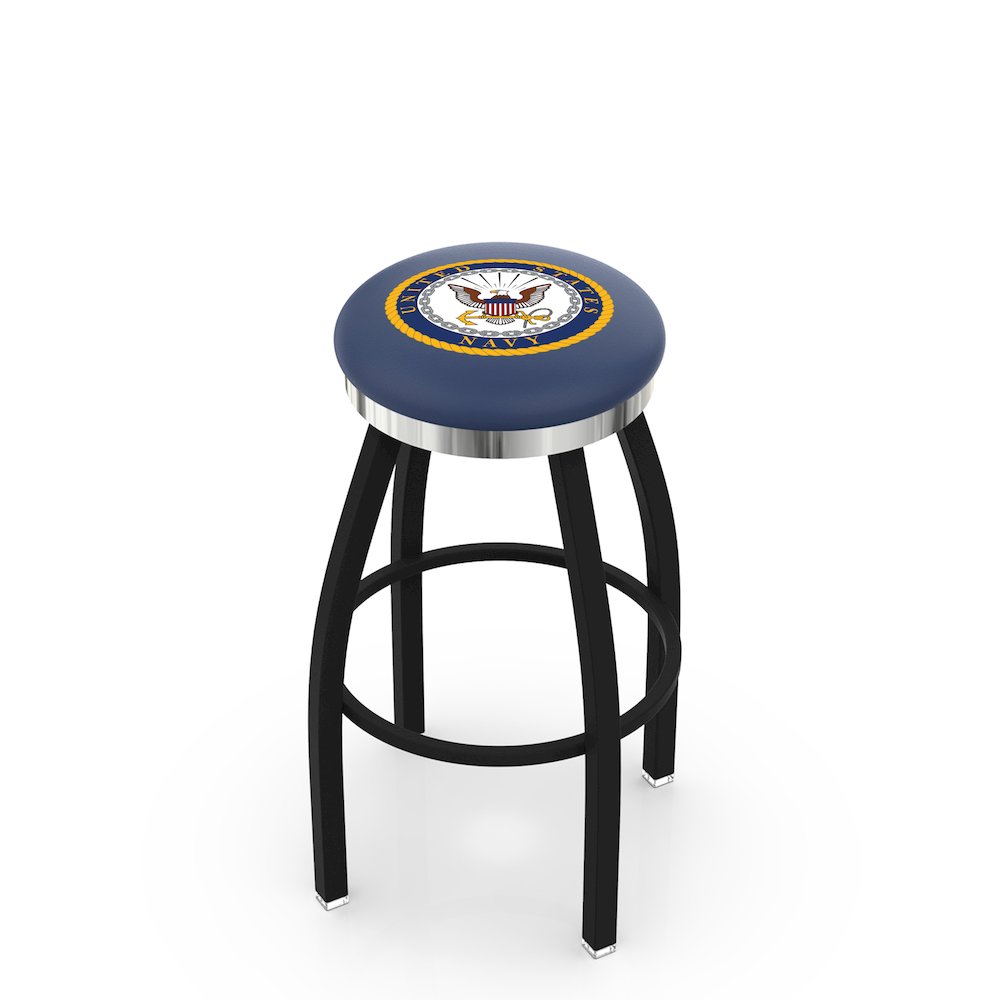 36" L8B2C - Black Wrinkle U.S. Navy Swivel Bar Stool with Chrome Accent Ring by Holland Bar Stool Company. Picture 1