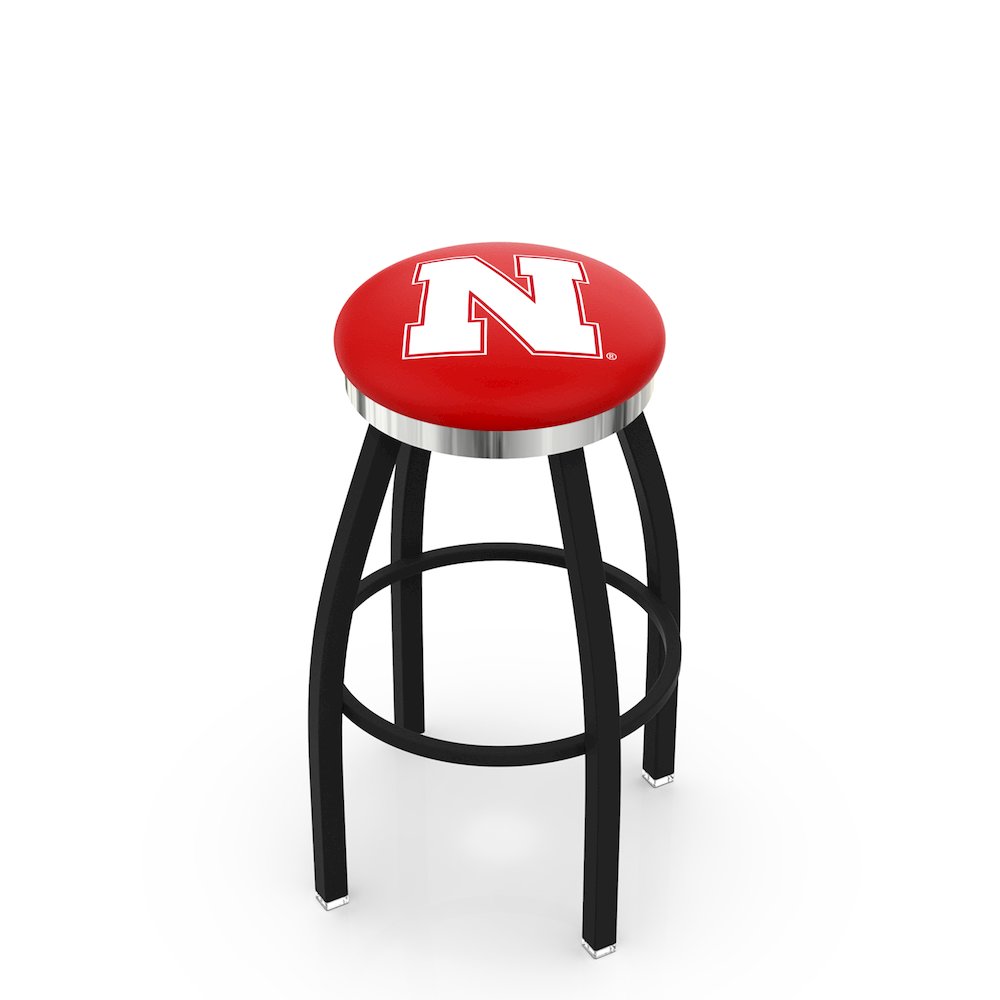 36" L8B2C - Black Wrinkle Nebraska Swivel Bar Stool with Chrome Accent Ring by Holland Bar Stool Company. Picture 1