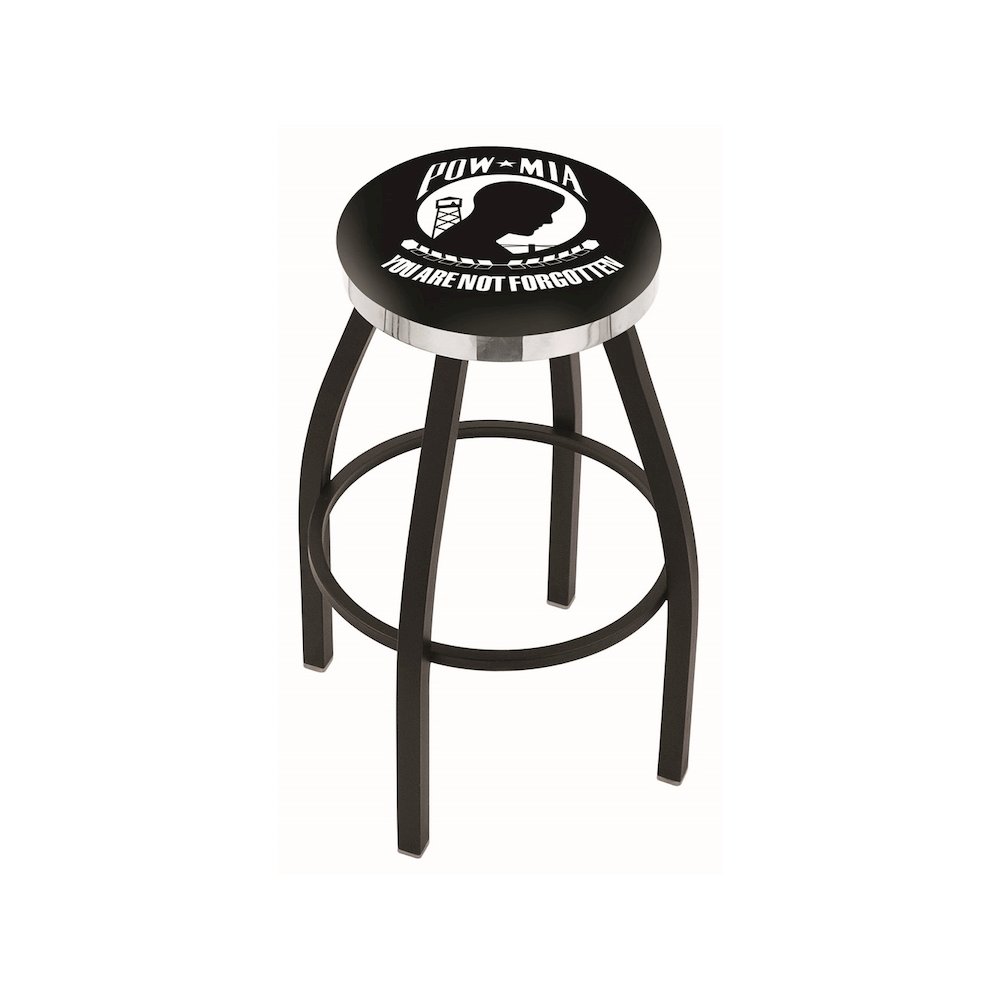 36" L8B2C - Black Wrinkle POW/MIA Swivel Bar Stool with Chrome Accent Ring by Holland Bar Stool Company. Picture 1