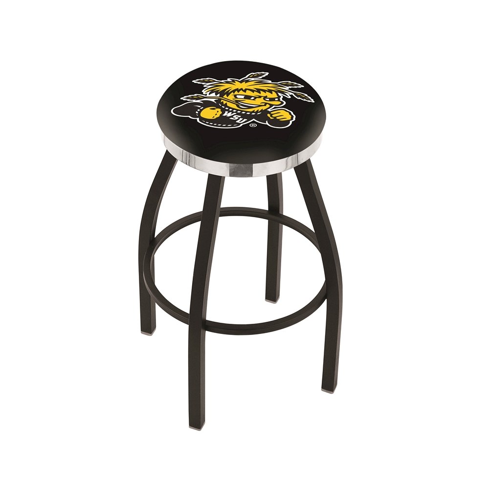 36" L8B2C - Black Wrinkle Wichita State Swivel Bar Stool with Chrome Accent Ring by Holland Bar Stool Company. Picture 1