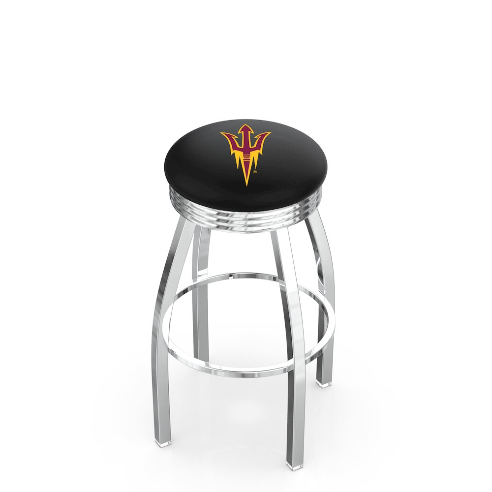 25" L8C3C - Chrome Arizona State Swivel Bar Stool with 2.5" Ribbed Accent Ring and Pitchfork Logo by Holland Bar Stool Company. Picture 1