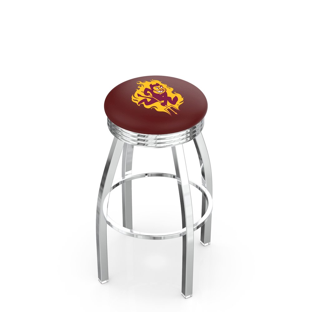 25" L8C3C - Chrome Arizona State Swivel Bar Stool with 2.5" Ribbed Accent Ring and Sparky Logo by Holland Bar Stool Company. Picture 1