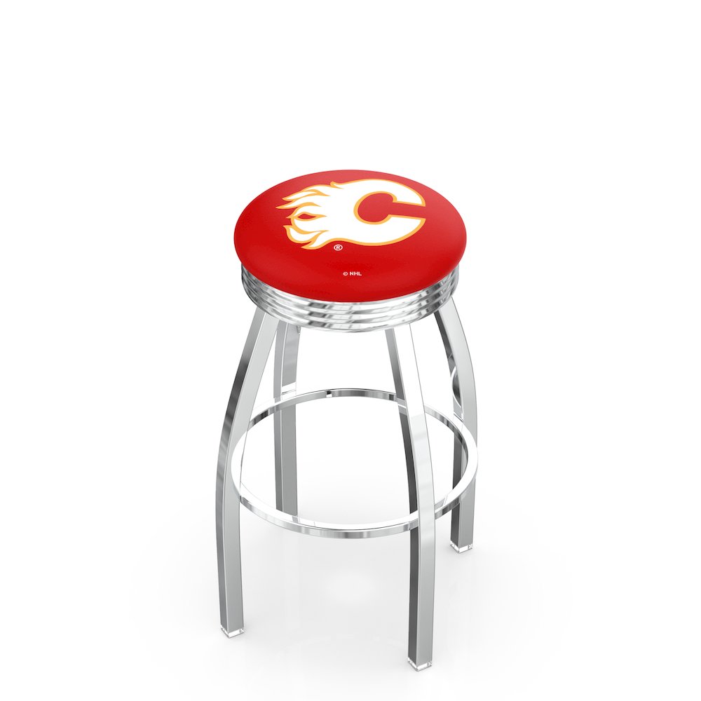 25" L8C3C - Chrome Calgary Flames Swivel Bar Stool with 2.5" Ribbed Accent Ring by Holland Bar Stool Company. Picture 1