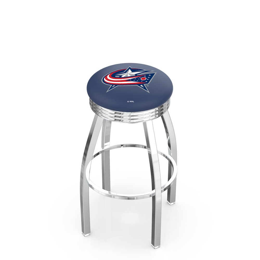 25" L8C3C - Chrome Columbus Blue Jackets Swivel Bar Stool with 2.5" Ribbed Accent Ring by Holland Bar Stool Company. Picture 1