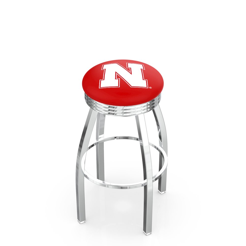 25" L8C3C - Chrome Nebraska Swivel Bar Stool with 2.5" Ribbed Accent Ring by Holland Bar Stool Company. Picture 1