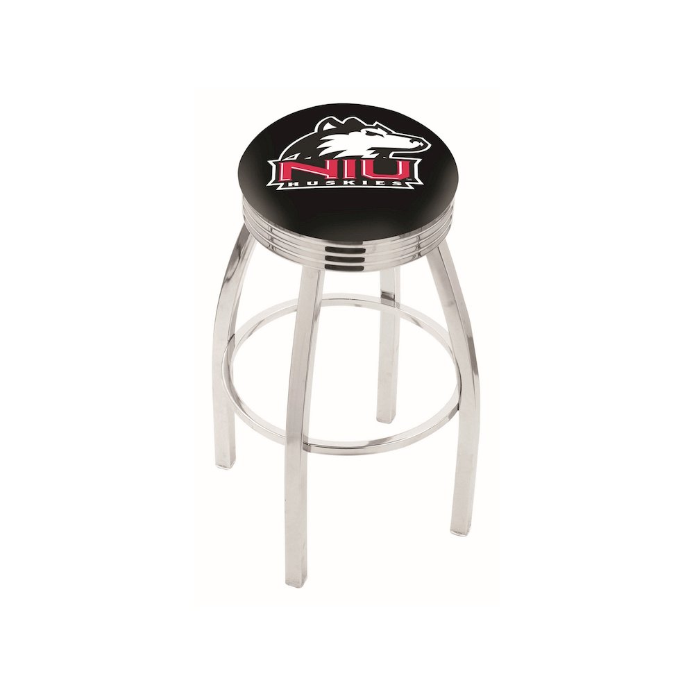 25" L8C3C - Chrome Northern Illinois Swivel Bar Stool with 2.5" Ribbed Accent Ring by Holland Bar Stool Company. Picture 1