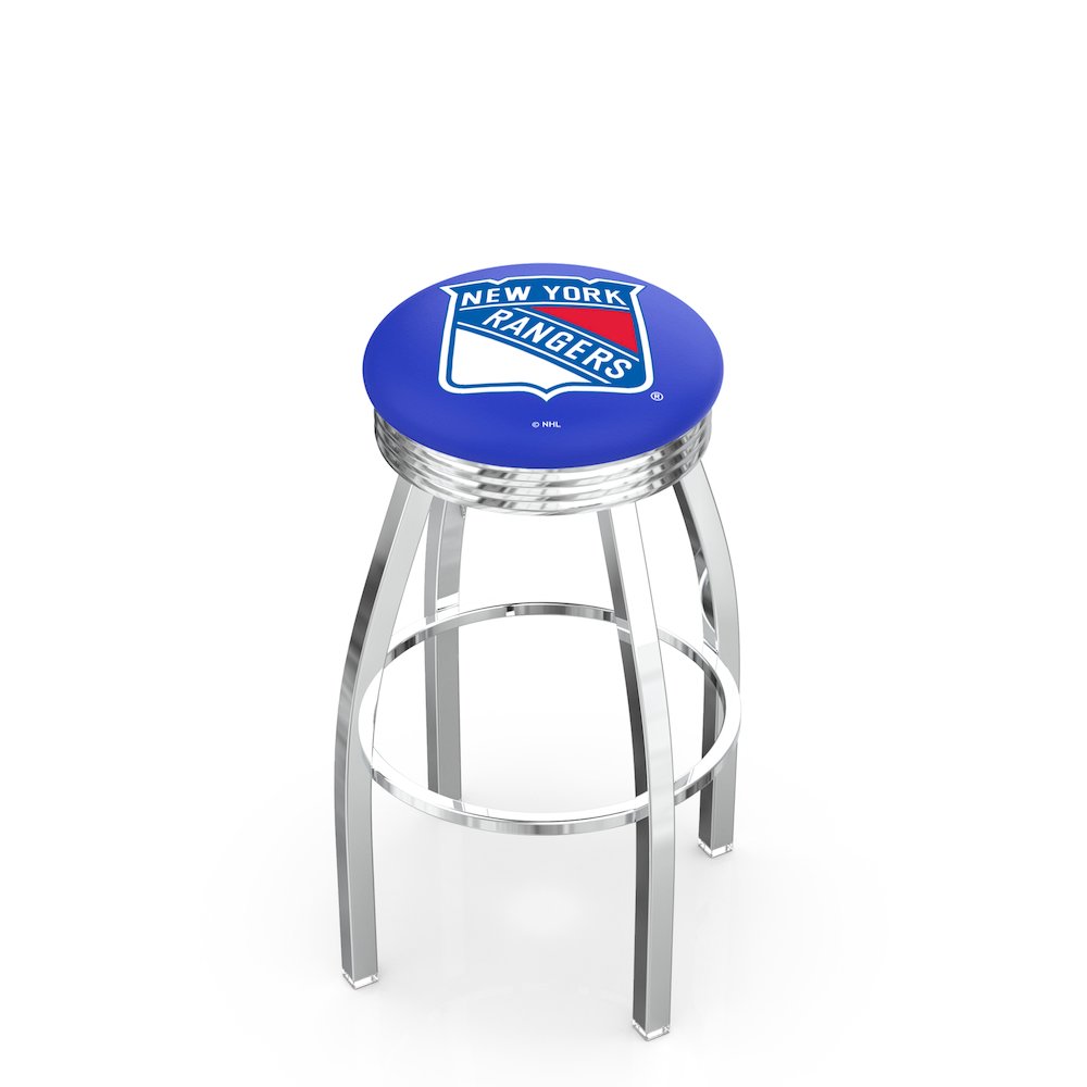 25" L8C3C - Chrome New York Rangers Swivel Bar Stool with 2.5" Ribbed Accent Ring by Holland Bar Stool Company. Picture 1