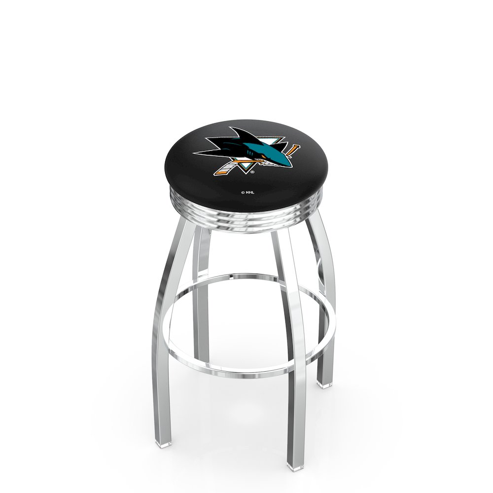 25" L8C3C - Chrome San Jose Sharks Swivel Bar Stool with 2.5" Ribbed Accent Ring by Holland Bar Stool Company. Picture 1