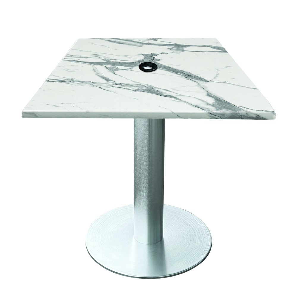 All-Season Table with 30" x 30" Square White Marble Top with Umbrella Hole. Picture 1