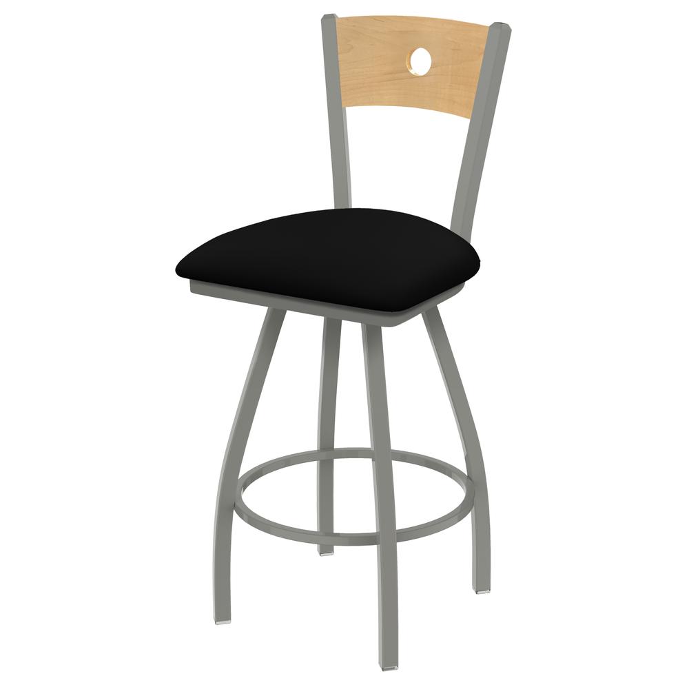 XL 830 Voltaire 25" Swivel Counter Stool with Anodized Nickel Finish, Natural Back, and Black Vinyl Seat. Picture 1