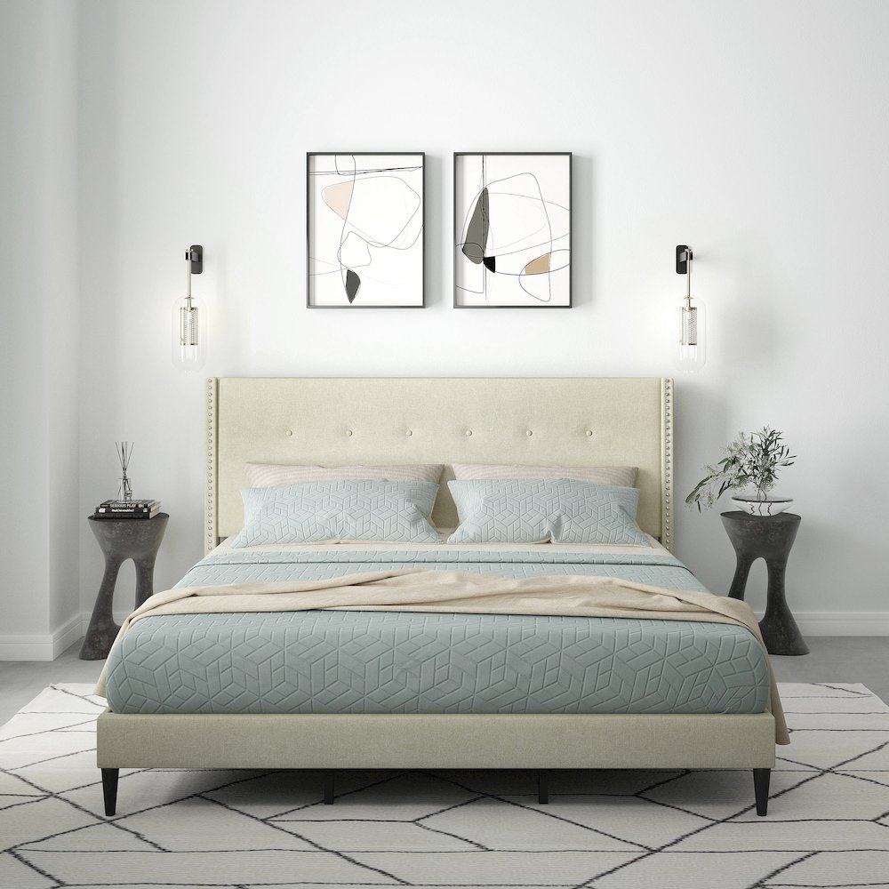 Upholstered Complete Bed King Beige. Picture 2