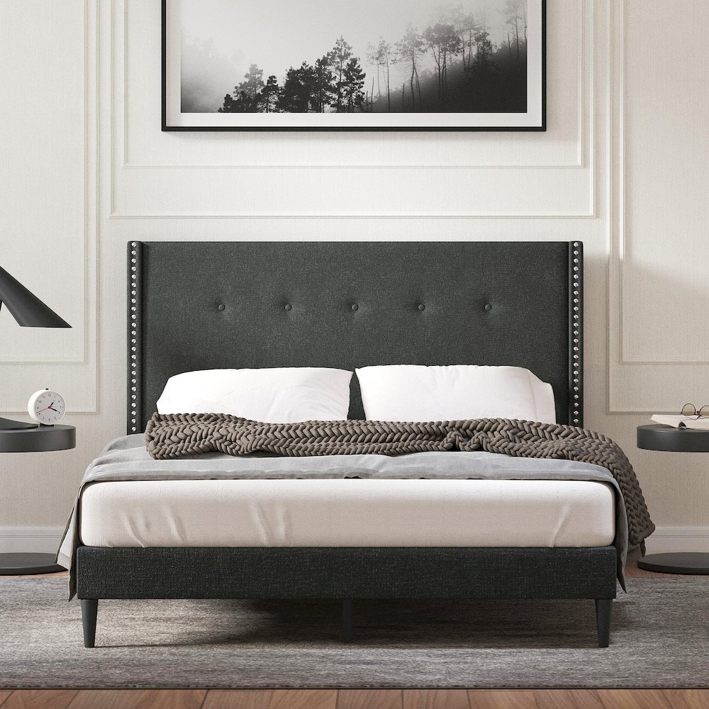 Upholstered Complete Bed Queen Gray. Picture 2