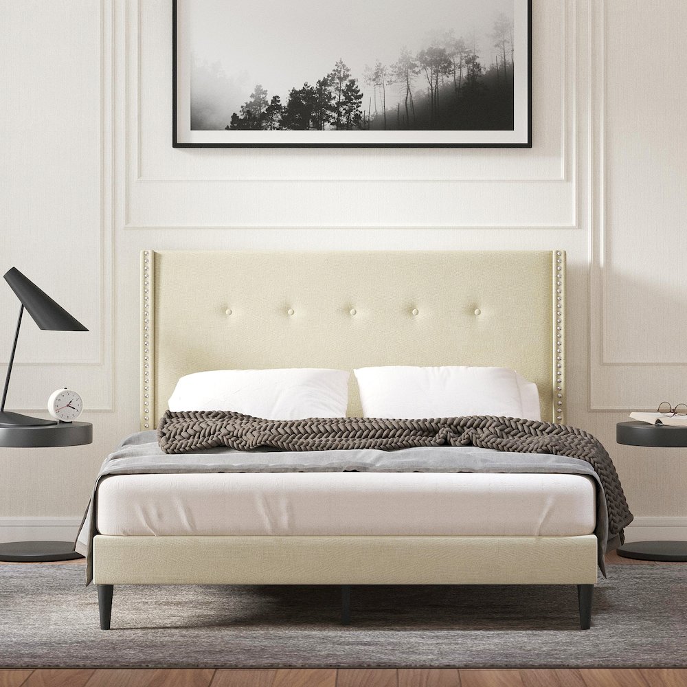 Upholstered Complete Bed Queen Beige. Picture 2