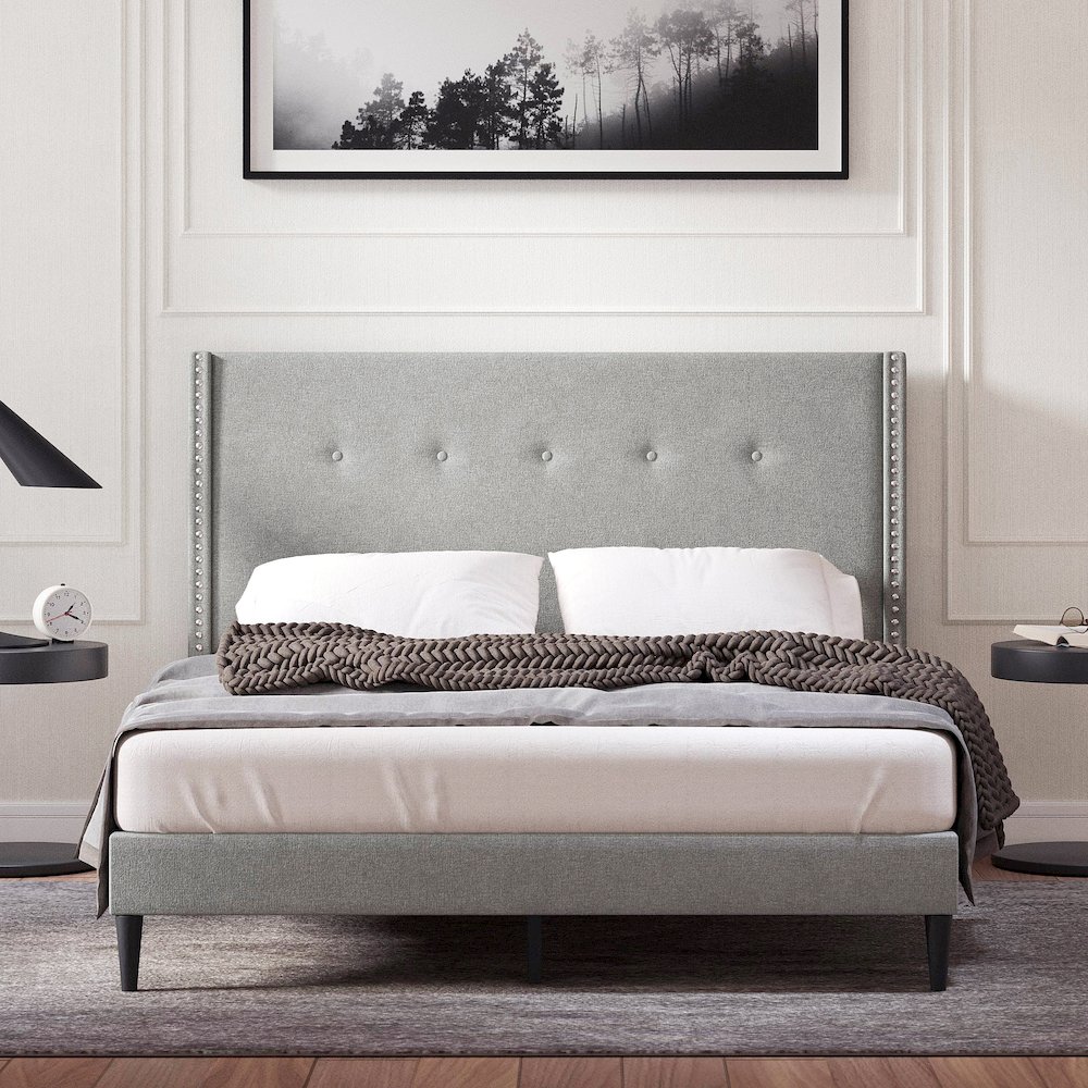 Upholstered Complete Bed Queen Stone. Picture 2
