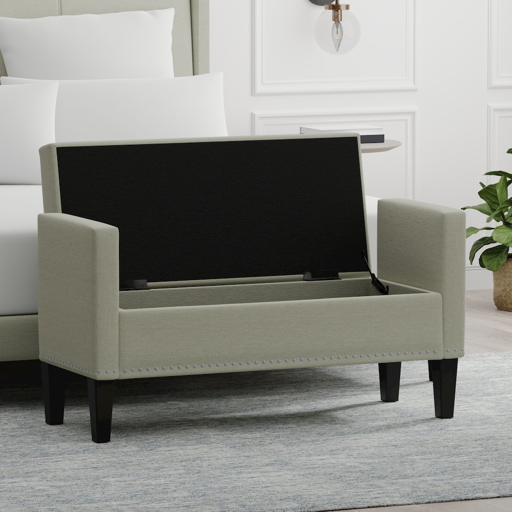46" Storage Bench with Arms + Nailhead Trim - Beige. Picture 5