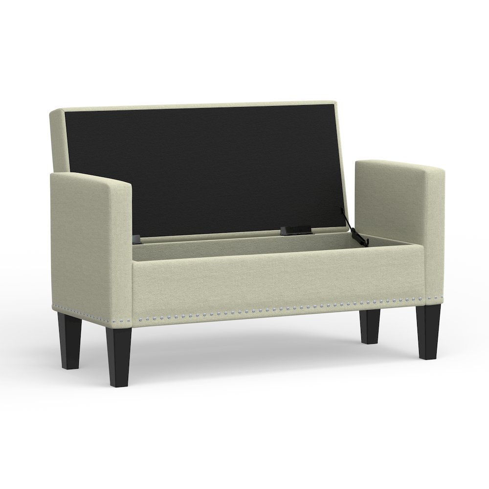 46" Storage Bench with Arms + Nailhead Trim - Beige. Picture 4