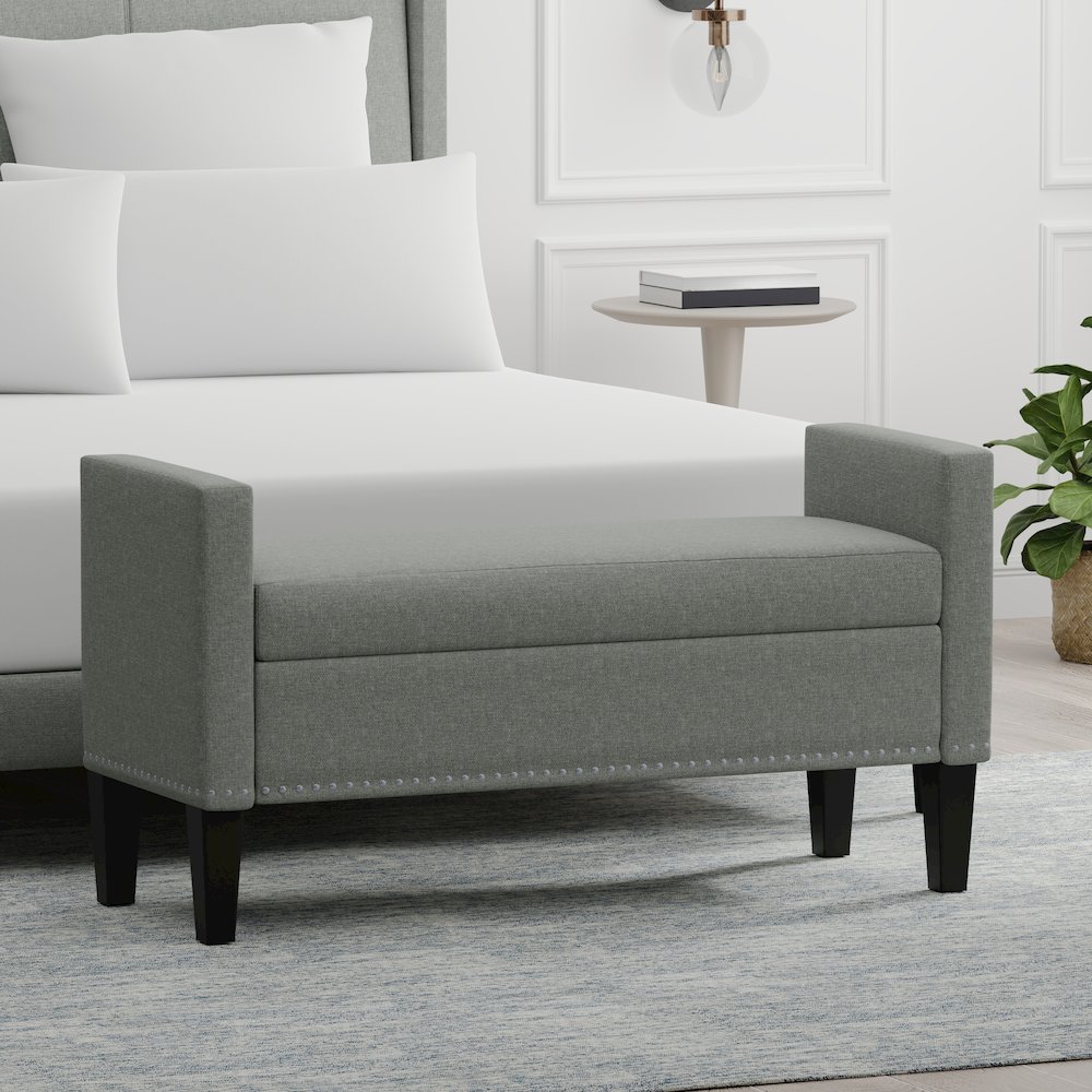 46" Storage Bench with Arms + Nailhead Trim - Stone (Light Gray). Picture 2