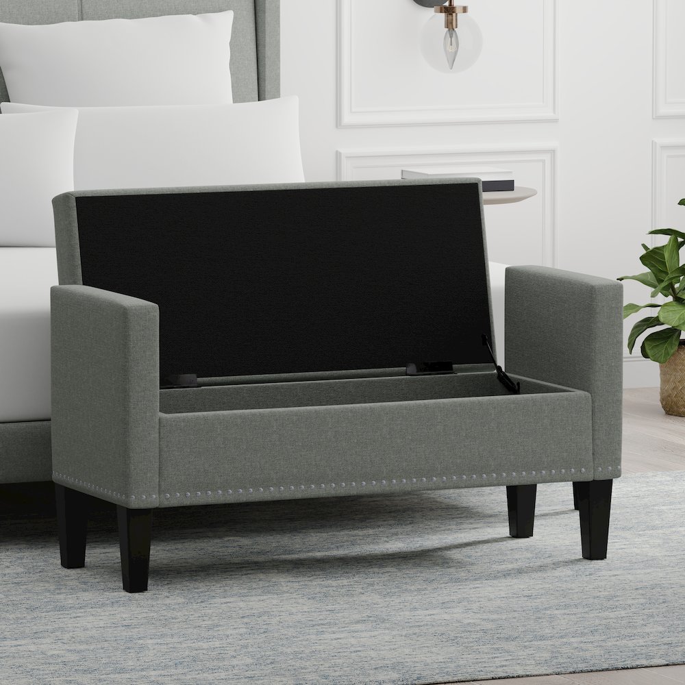 46" Storage Bench with Arms + Nailhead Trim - Stone (Light Gray). Picture 5