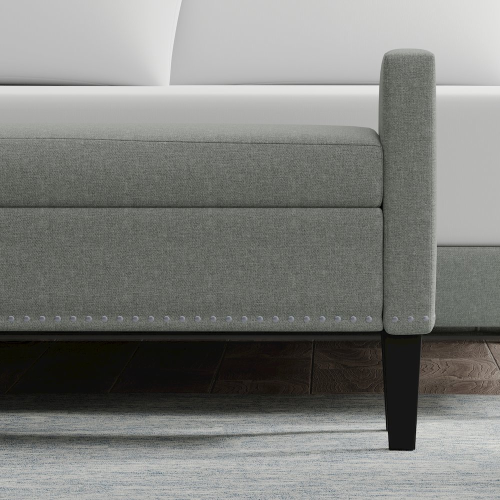 46" Storage Bench with Arms + Nailhead Trim - Stone (Light Gray). Picture 6