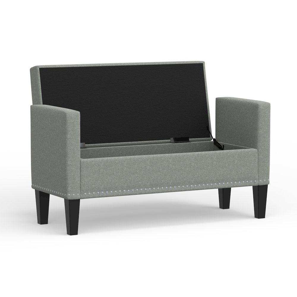 46" Storage Bench with Arms + Nailhead Trim - Stone (Light Gray). Picture 4