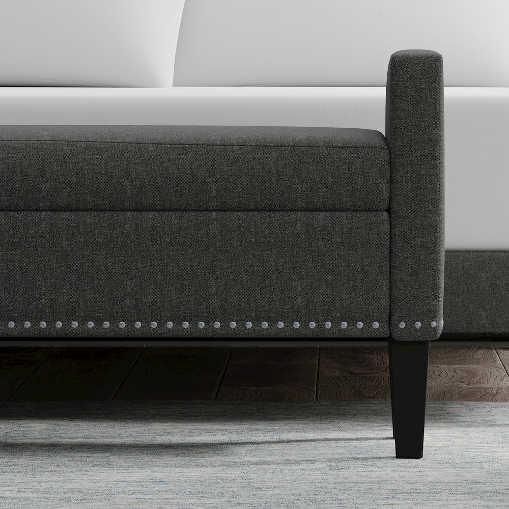46" Storage Bench with Arms + Nailhead Trim - Dark Gray. Picture 6