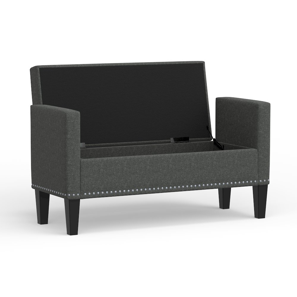 46" Storage Bench with Arms + Nailhead Trim - Dark Gray. Picture 4