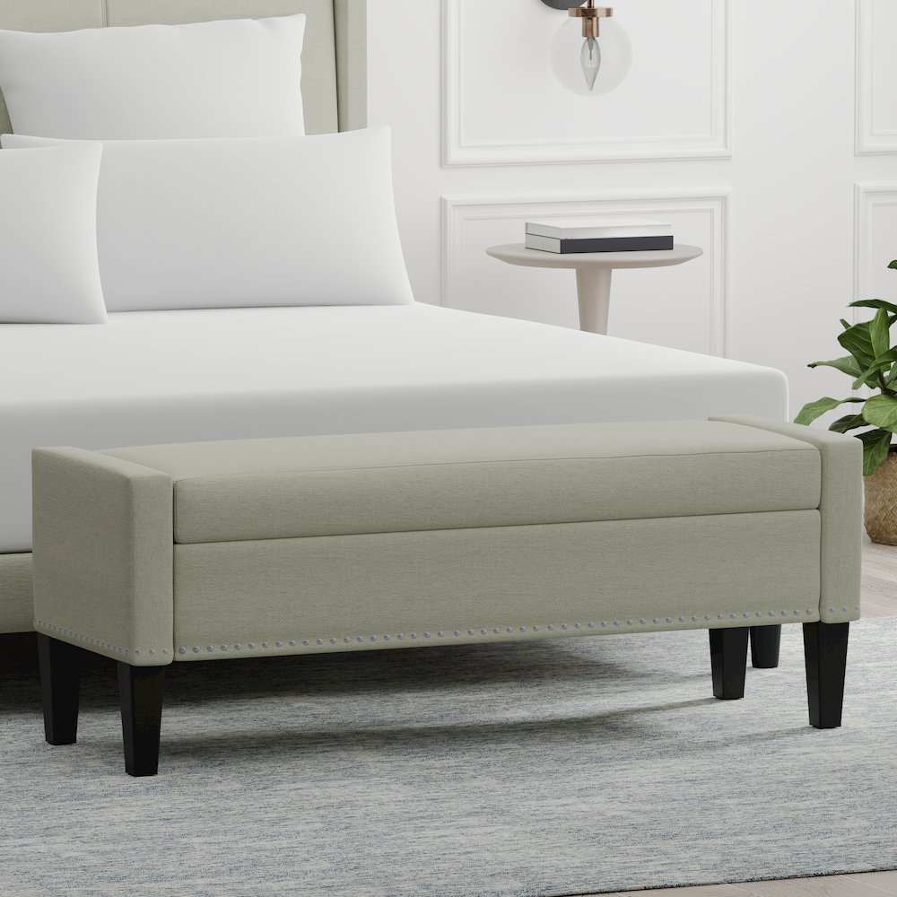 51.25" Storage Bench with Truncated Arms + Nailhead Trim - Beige. Picture 2