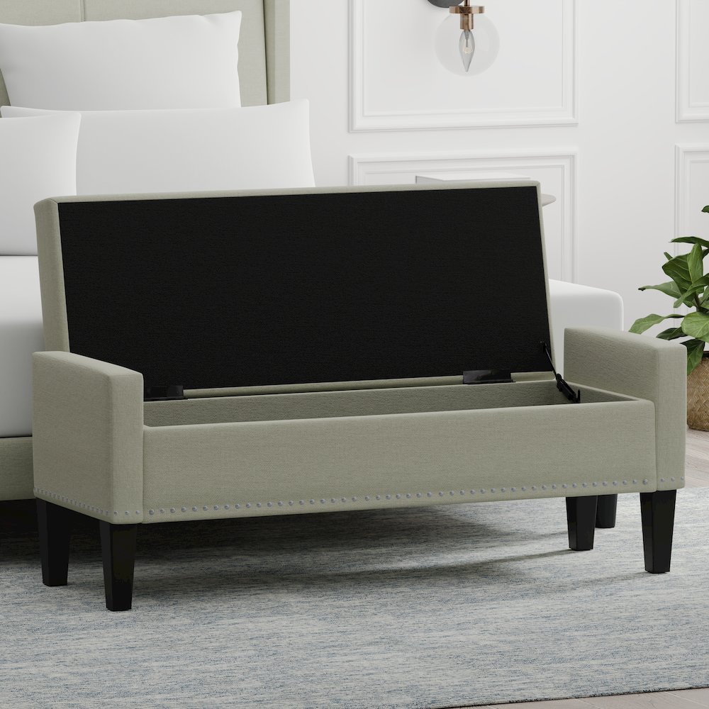 51.25" Storage Bench with Truncated Arms + Nailhead Trim - Beige. Picture 5