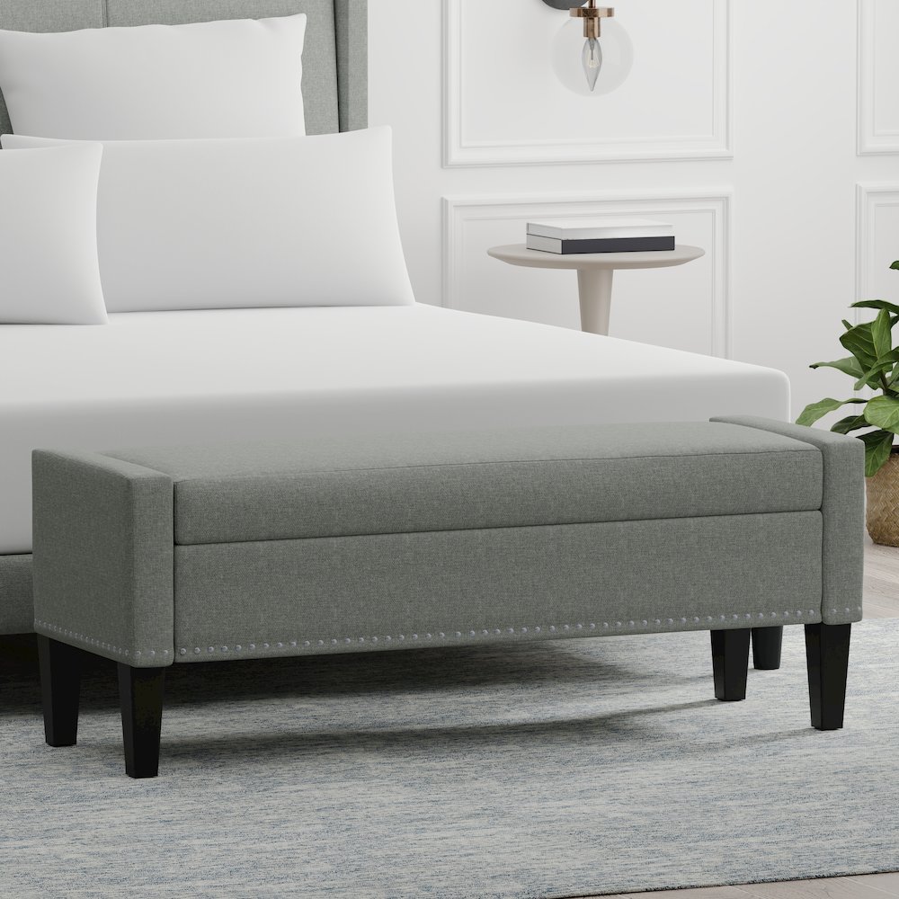 51.25" Storage Bench with Truncated Arms + Nailhead Trim - Stone (Light Gray). Picture 2