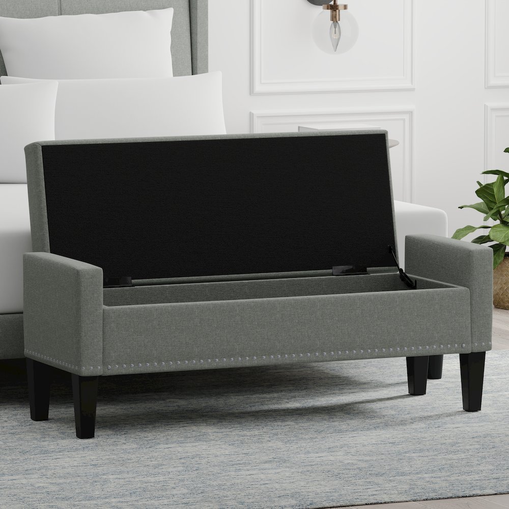 51.25" Storage Bench with Truncated Arms + Nailhead Trim - Stone (Light Gray). Picture 5