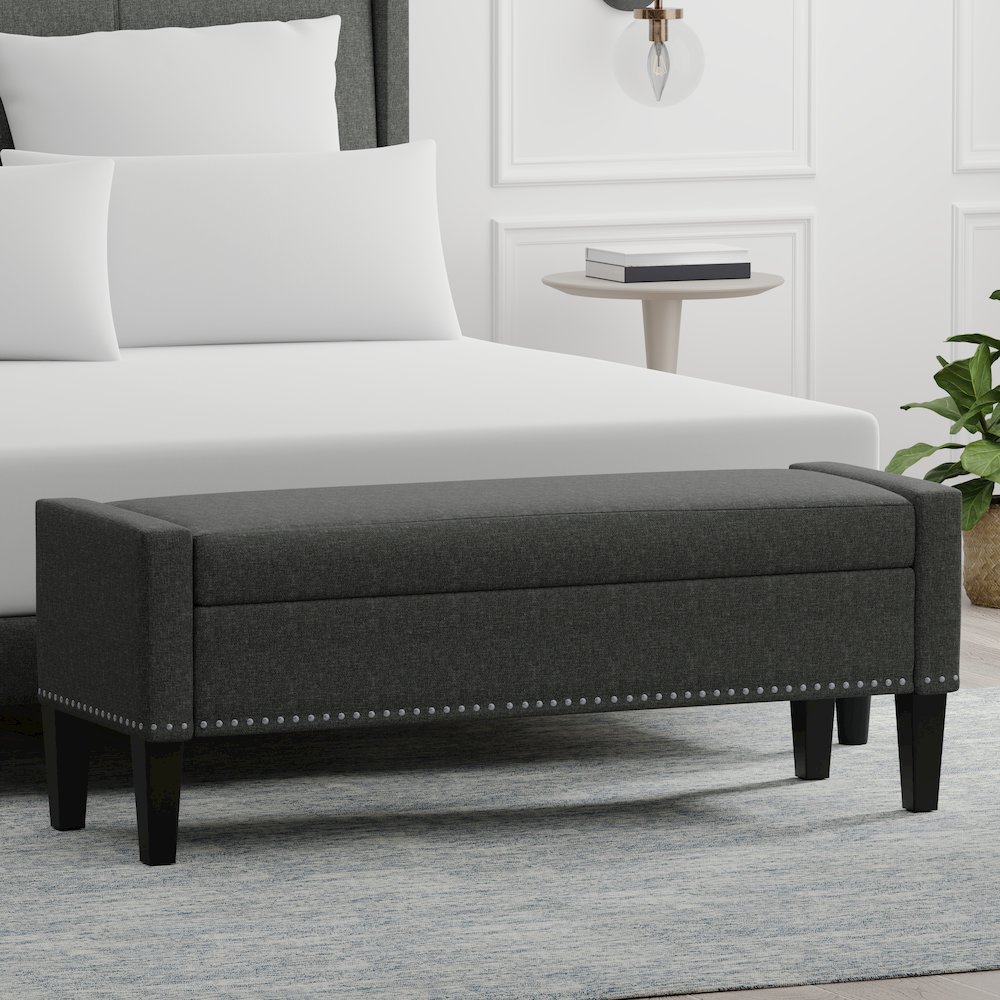 51.25" Storage Bench with Truncated Arms + Nailhead Trim - Dark Gray. Picture 2