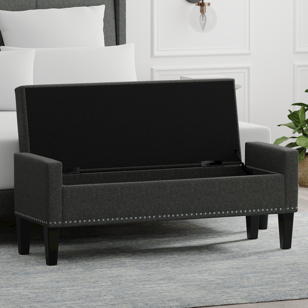 51.25" Storage Bench with Truncated Arms + Nailhead Trim - Dark Gray. Picture 5